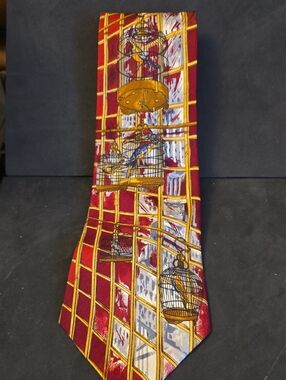 Perry Ellis Red & Gold Birdcage Print Silk Tie VTG Parrots